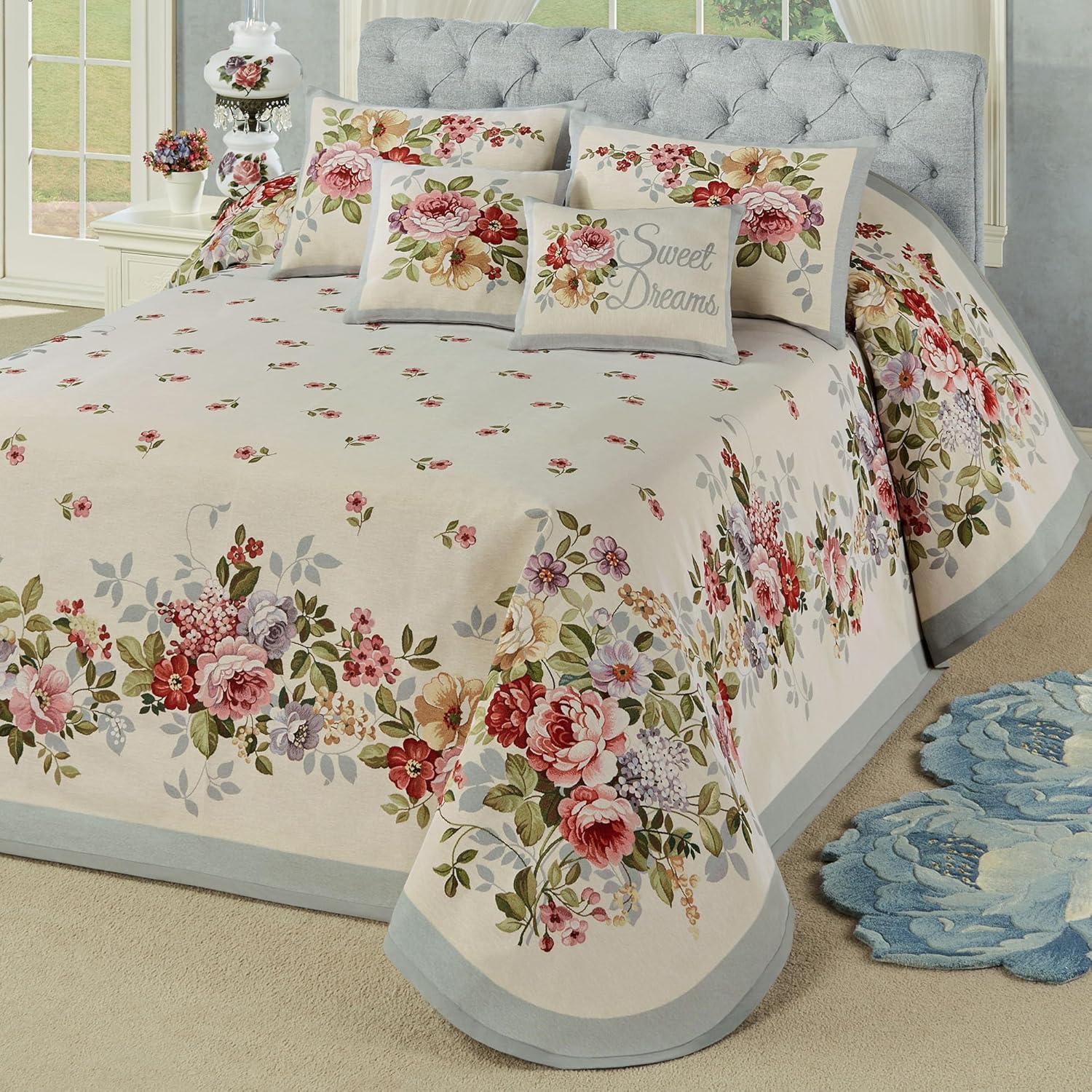 Bouquet Flower Washable Bedding | Wisteria, Gold, Rose, Garnet, Blue | Jacquard Woven - B0DWBJG8XJ