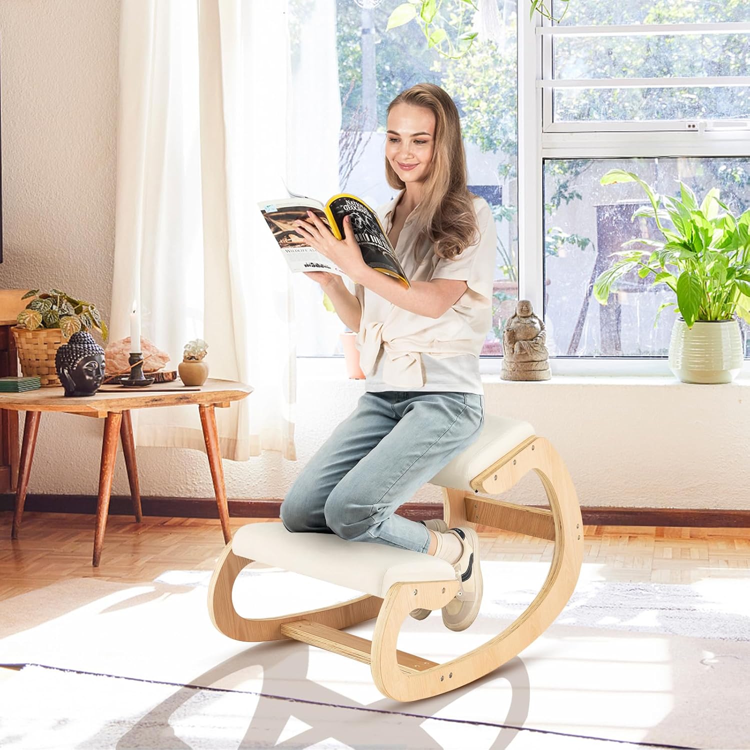 Giantex Ergonomic Kneeling Desk Chair, Rocking Knee Chair with Cushion & Solid Wood - B0DTK1BSGR