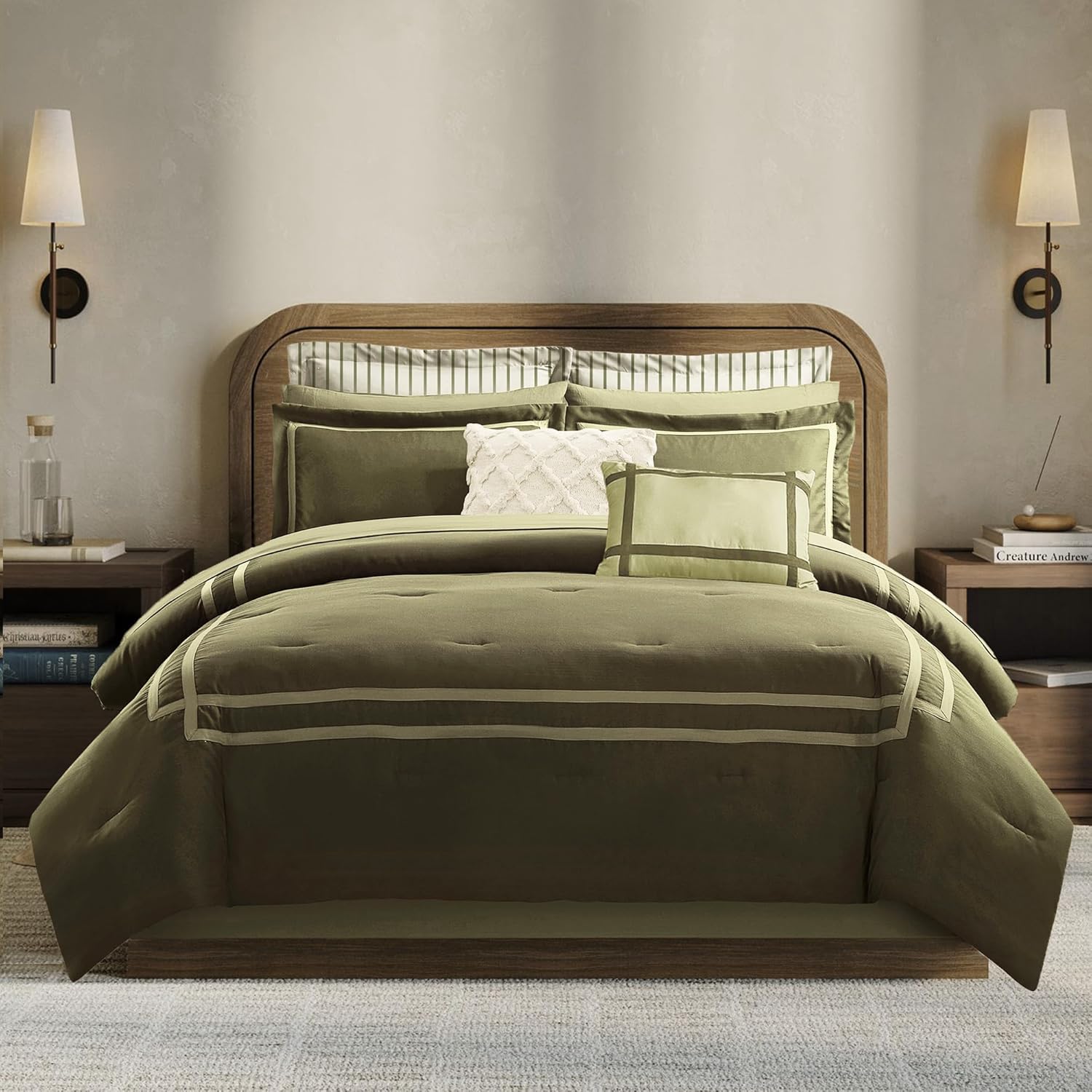 Wonderful Olive Comforter Set King,8-Piece Hydro-Brushed Wooly Feel Hotel Style Modern Luxury Bedding - B0DSMJJHW9