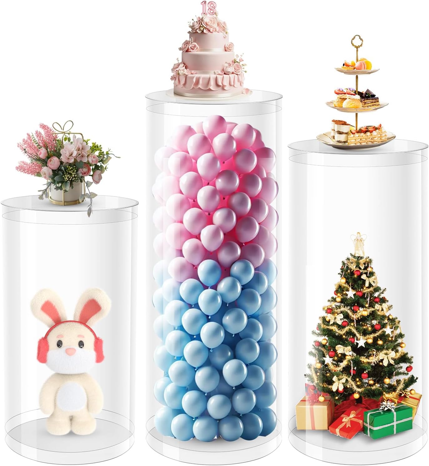 3 Pcs Clear Acrylic Cylinder Pedestal Stands for Party, Wedding, and Birthday - - B0DXD2S7Z4