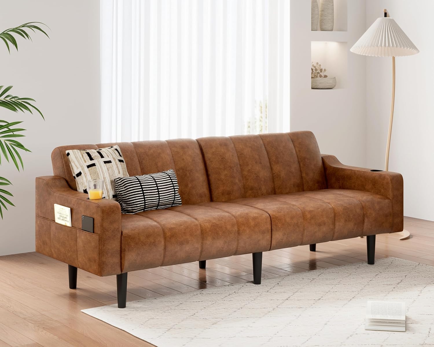 80" Leather Couch, Faux Leather Couch, Sleeper Sofa Bed with 3-Way Adjustable Backrest, - B0DYTVZ84H