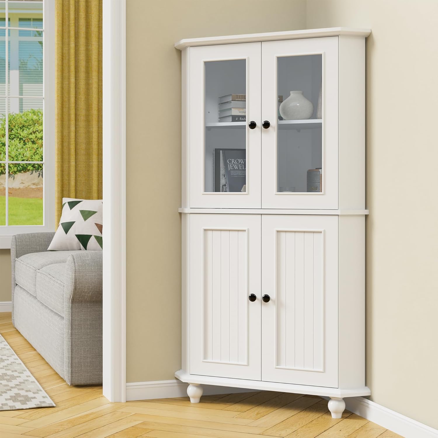 Anbuy White Vintage Corner Cabinet Corner Storage Shelf with Doors and Adjustable Shelves - B0DYDTPXRK