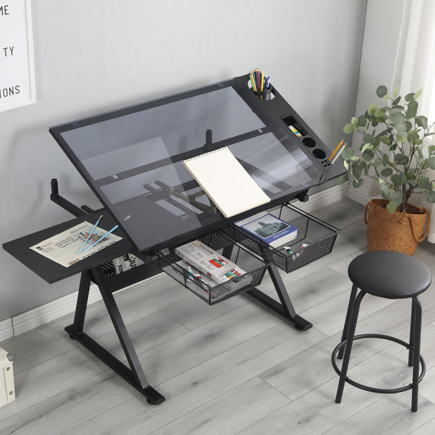 Craft Table with Drawers and Stool, Height Adjustable Drawing Desk Glass Tabletop Diamond - B0F19CLYN1