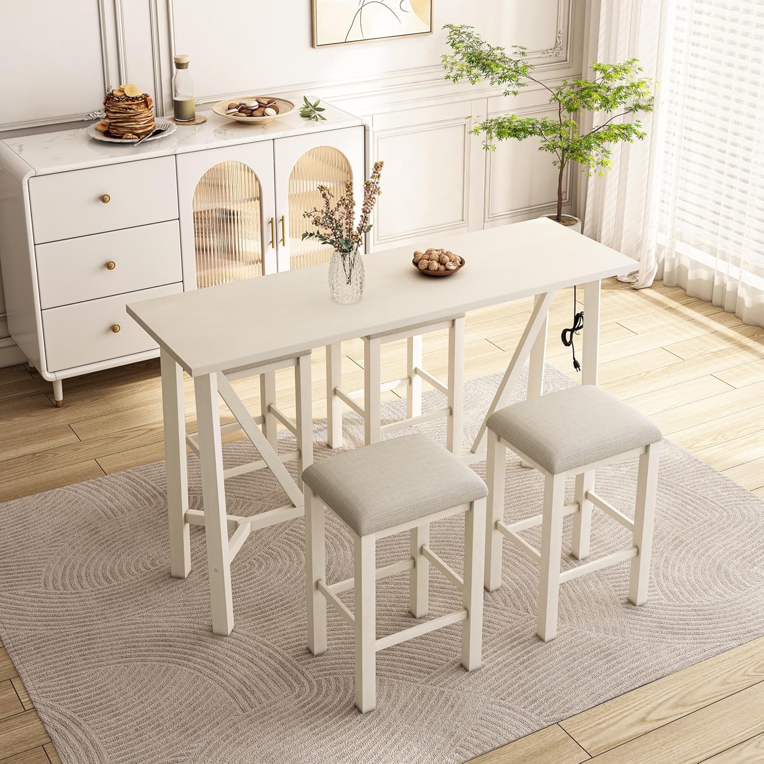 Dining Table Set for 4, Dining Room Set with Upholstered Chairs/Stools and Power - B0DXQ8WTP8
