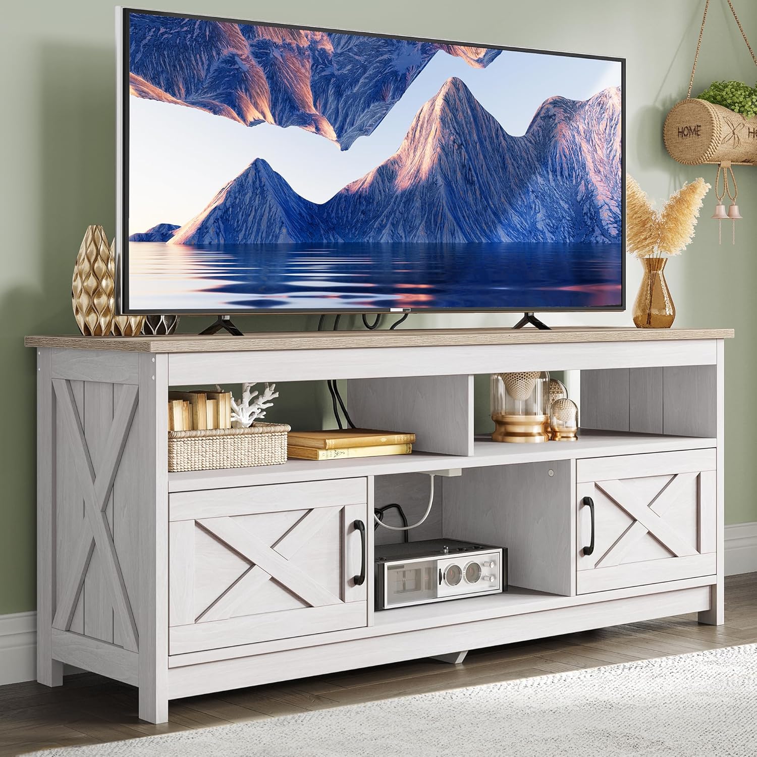 DWVO Farmhouse TV Stand for Television up to 65 Inch, Entertainment Center with - B0DYY8PS3P