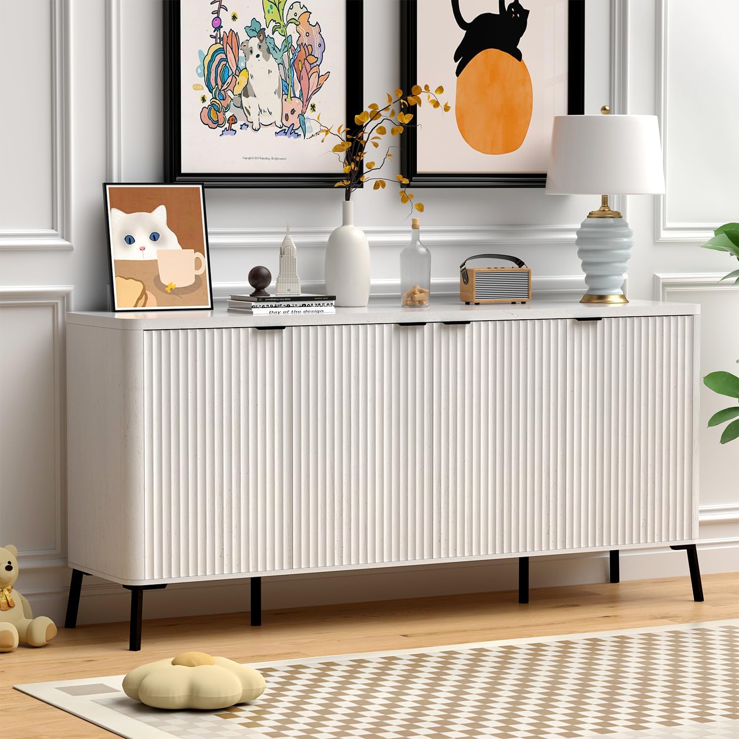 Fluted Buffet Cabinet with Storage, Modern Sideboard Storage Cabinet with 4 Doors, Sideboard - B0DX76Q46G