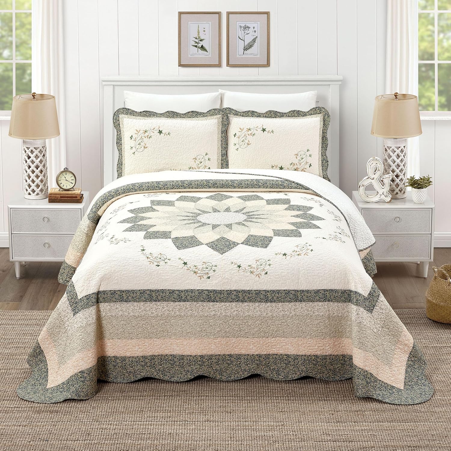 Harper Green Floral Embroidered Quilted Bedspread - Lightweight Breathable All Seasons Bedding, Queen - B0DXMWHWLM
