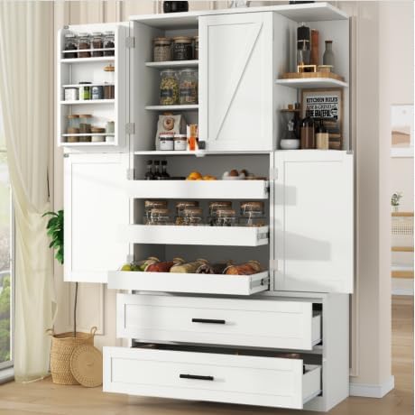 Loomie 66.9" Farmhouse Kitchen Pantry Cabinet, 5 Drawers Storage Cabinet with 4 Side - B0DYTZ7GDK