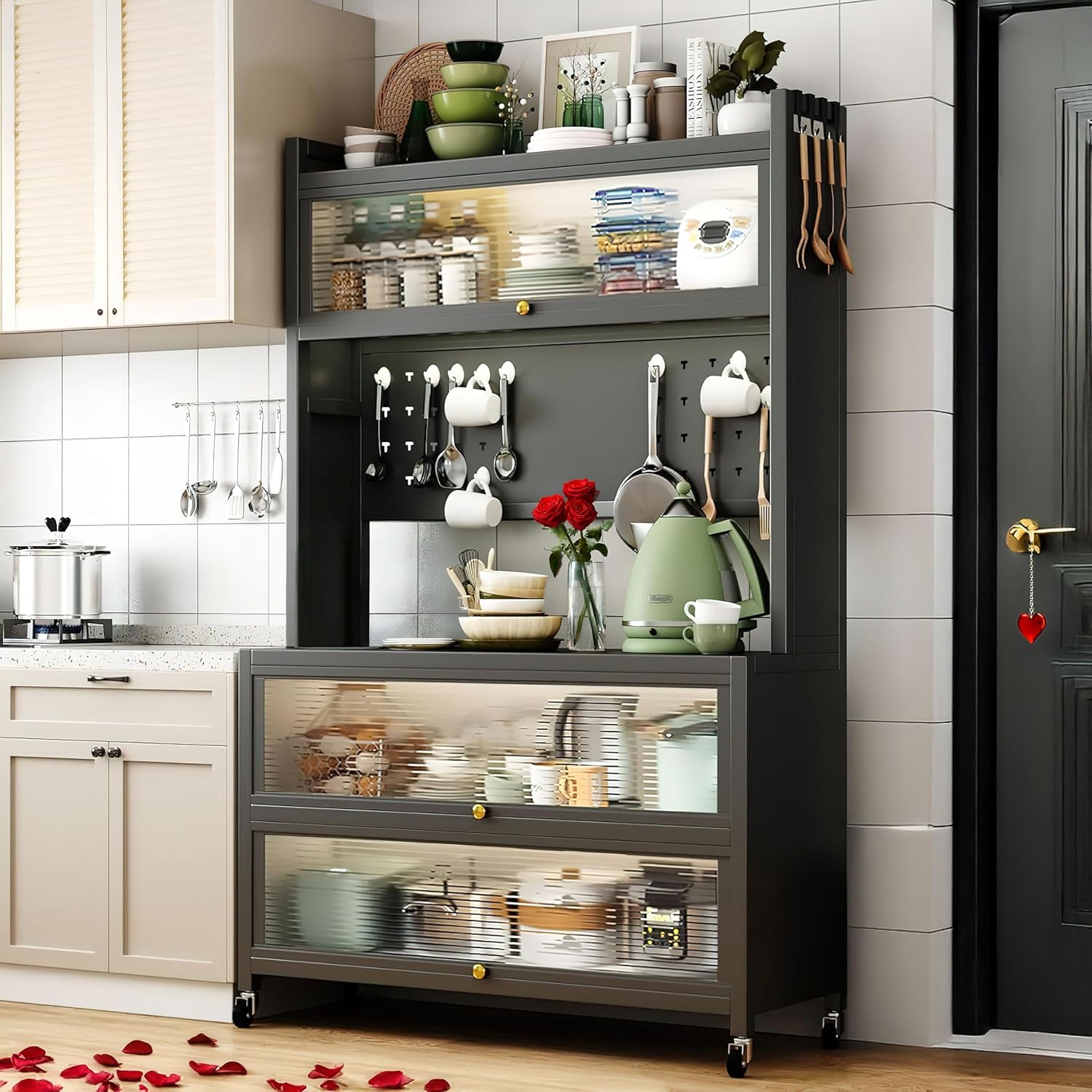 SunSettler Kitchen Pantry Storage Cabinet, 5 Tier Metal Sideboard with Wheels and Acrylic - B0DYNT4VVD