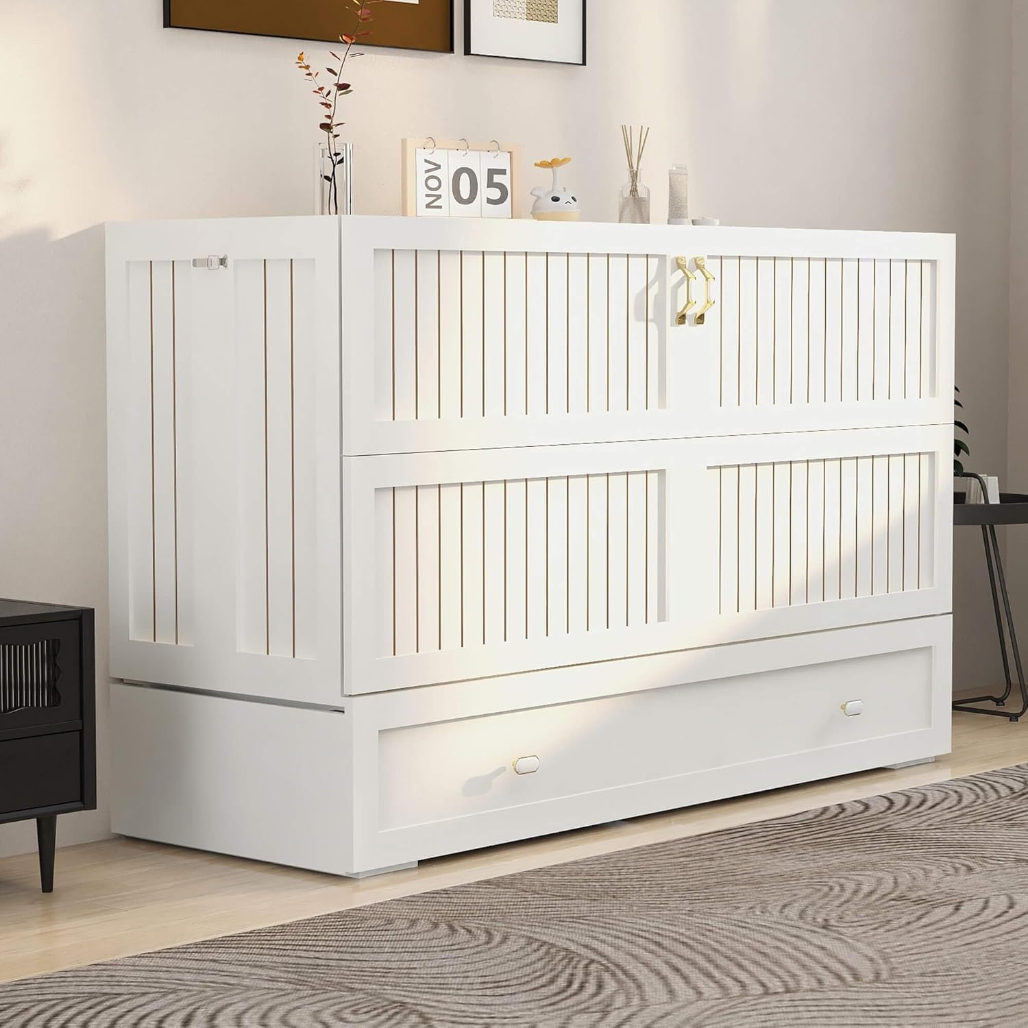 WonderWard Queen Murphy Bed Cabinet with Storage Space and Drawer for Guest Room, - B0DZXGCWGH