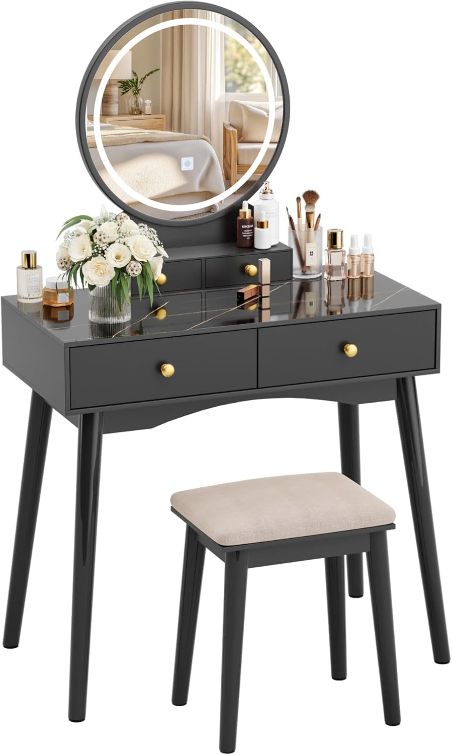 YESHOMY Small Makeup Vanity Desk with LED Mirror and Modern Striped Design Desktop, - B0DYJL5C8T